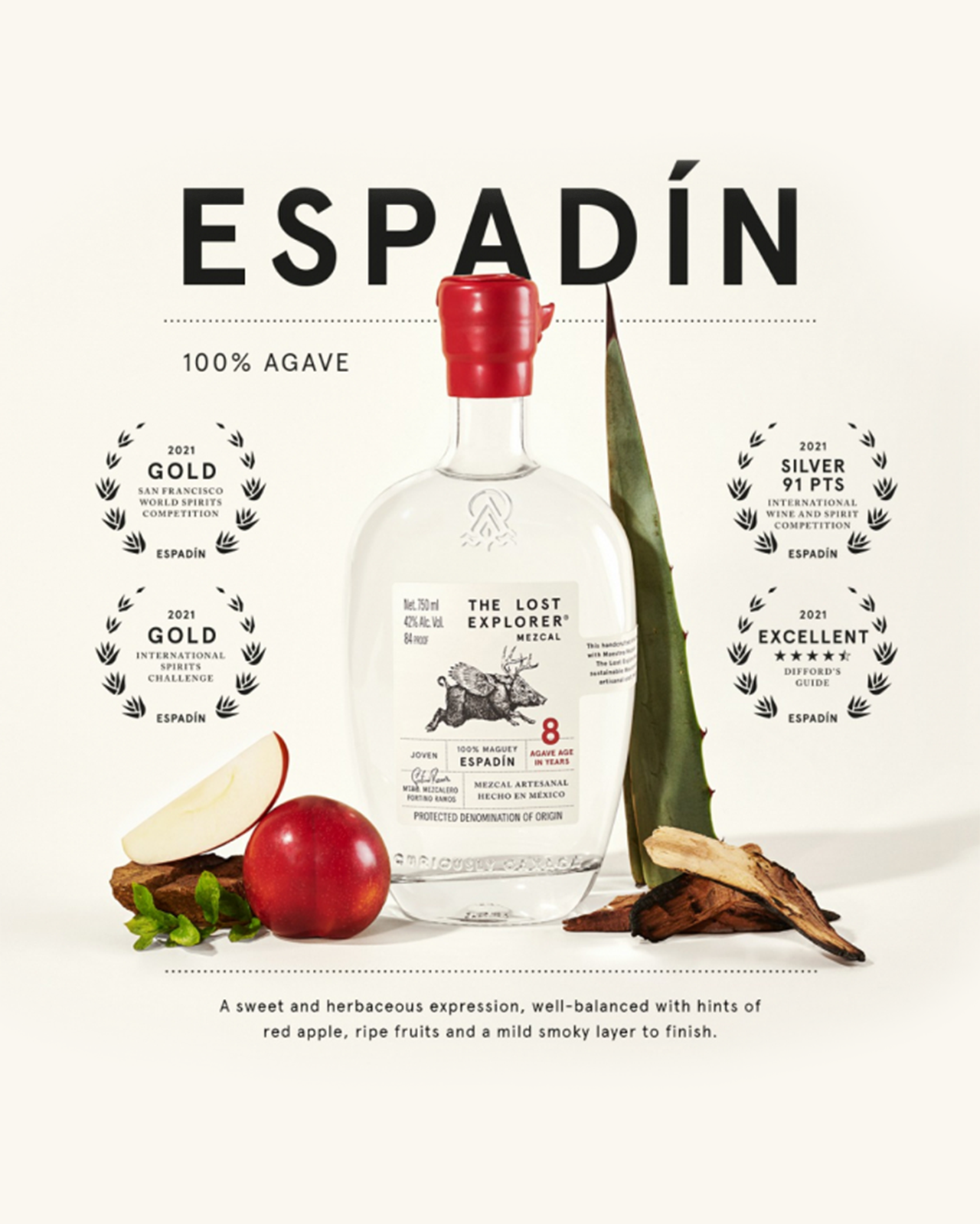 An image of The Lost Explorer Mezcal bottle of Espadin - A sweet and herbaceous expression, well-balanced with hints of red apple, ripe fruits and a mild smoky layer to finish.
